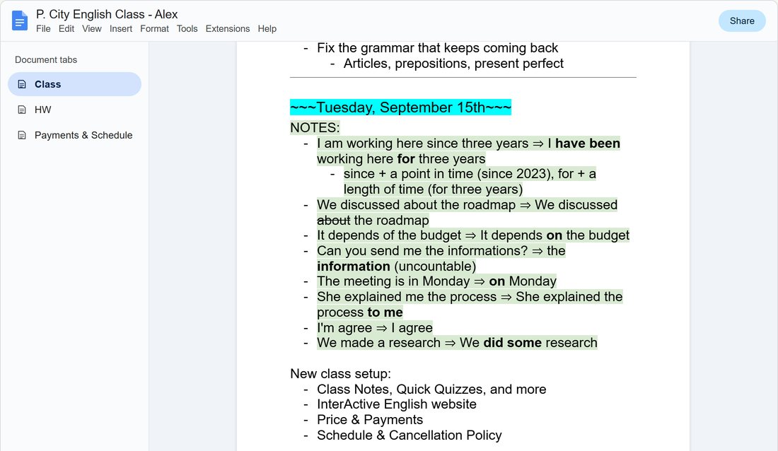 A sample class document in Google Docs: the green NOTES corrections, vocabulary and discussion from one class