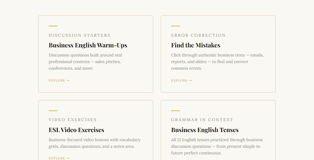 Preview of P. City English teaching materials — discussion starters, error correction, video exercises, grammar in context